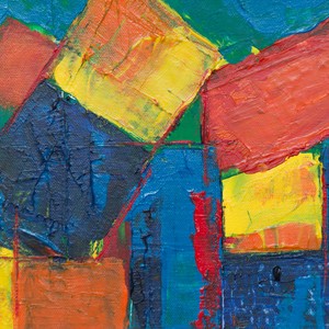 Colorful abstract painting with bold, textured acrylics on canvas.